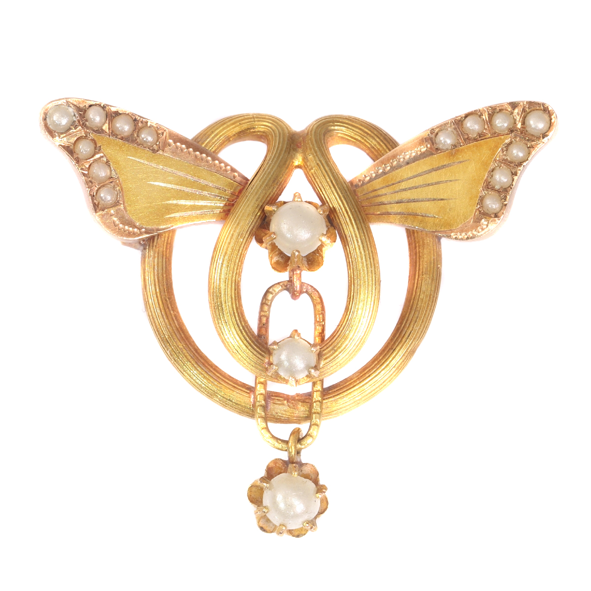 Antique gold brooch with butterfly wings set with half seed pearls